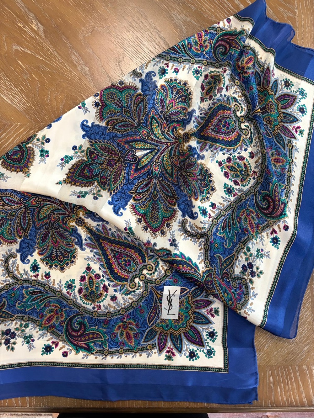 YSL Silk Scarf Blue White Paisley Logo 41 Inch Hand Rolled - Picture 9 of 11